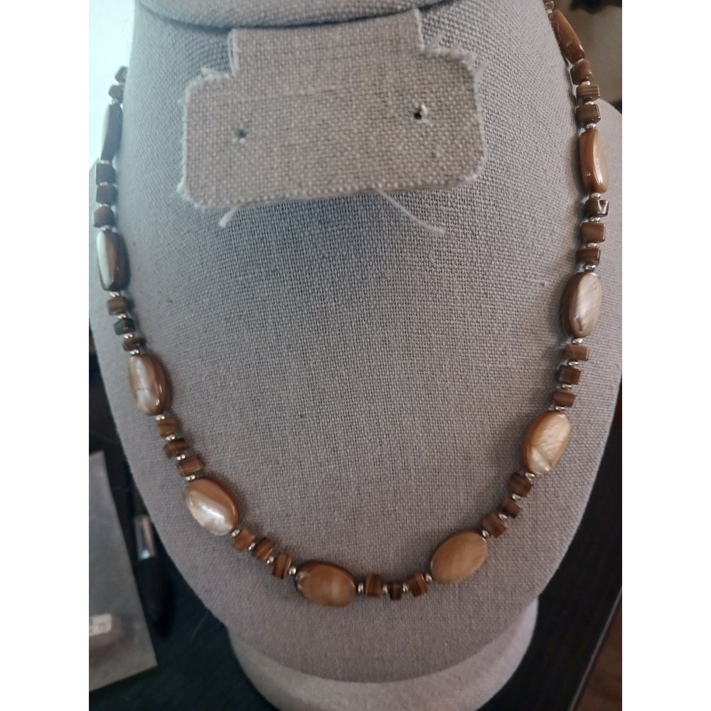 Brown Mother of Pearl Oval Bead Necklace Wood Spacers Silver Tone Extender